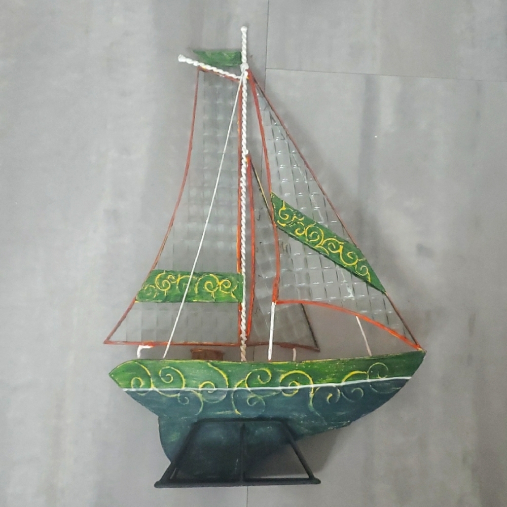 Decorative Sailboat Tea Light Holder; Wood, Glass, and Metal